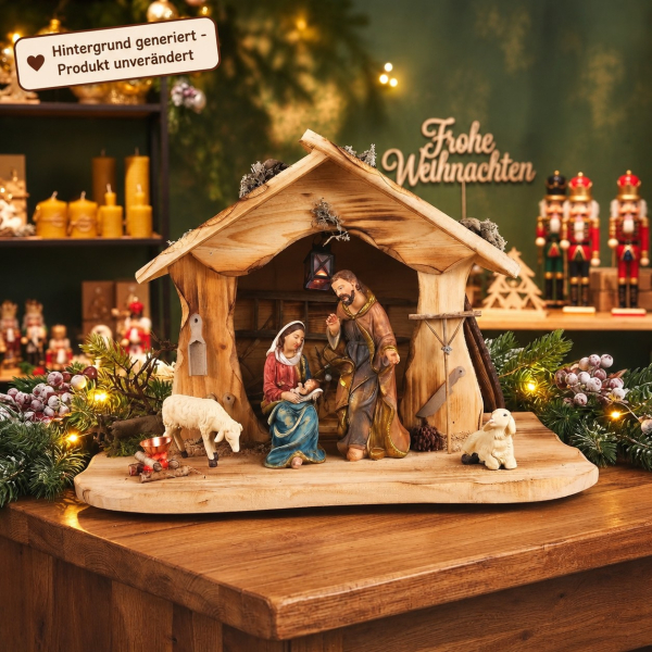 Handgefertigte Weihnachtskrippe Egensbach inkl. 4-tlg. Figurensatz 72740, Maße Krippe: ca. 37,5 x 19 x 24 cm